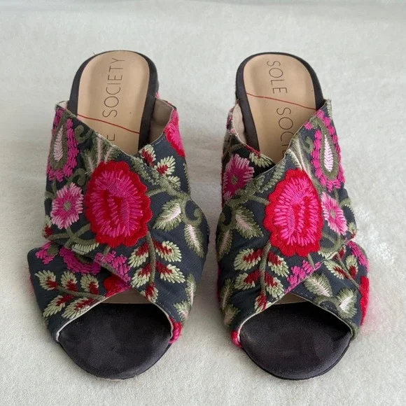Sole Society Women's Embroidered Floral Open Toe Heels Shoes 7.5 Chunky Heel - Picture 5 of 16